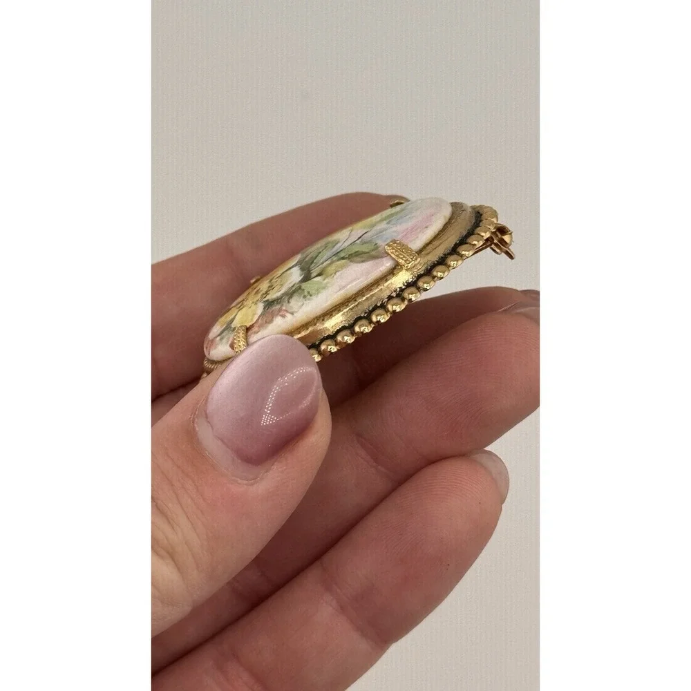 Vintage Porcelain Floral Brooch Gold Tone Oval Hand Painted Flowers